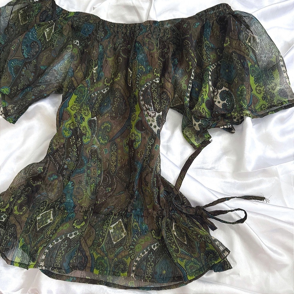 Rue21 Womens Large Paisley Off The Shoulder Smocked Blouse Green Brown Sheer